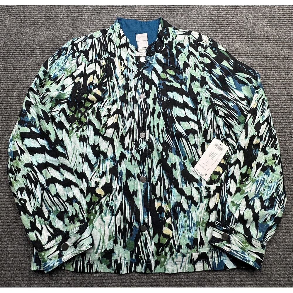 Chicos Jacket Womens 1 Blue Teal Reversible Linen Feathered Forest Tropical